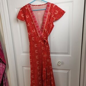 Elegant Red Floral Wrap Dress